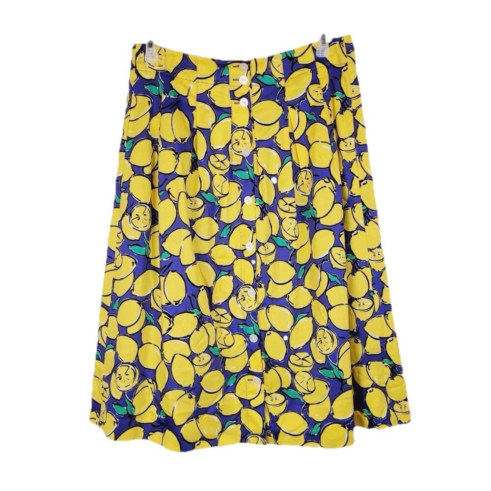 J. Peterman yellow lemon pleated A-line midi skirt Size 14 whimsy summer Af13